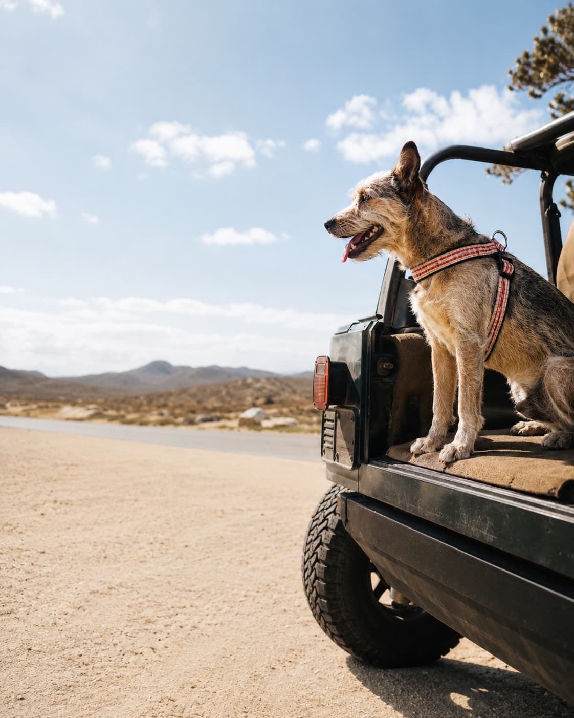 A cattle dog wearing a plaid amu harness standing on the tailgate of a truck in the desert
