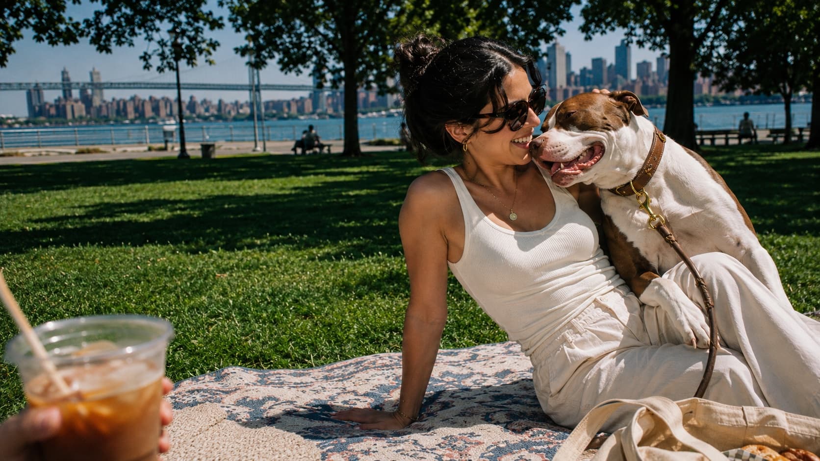 A woman laughing with her pit bull in a city park, the dog wearing an amu leather collar