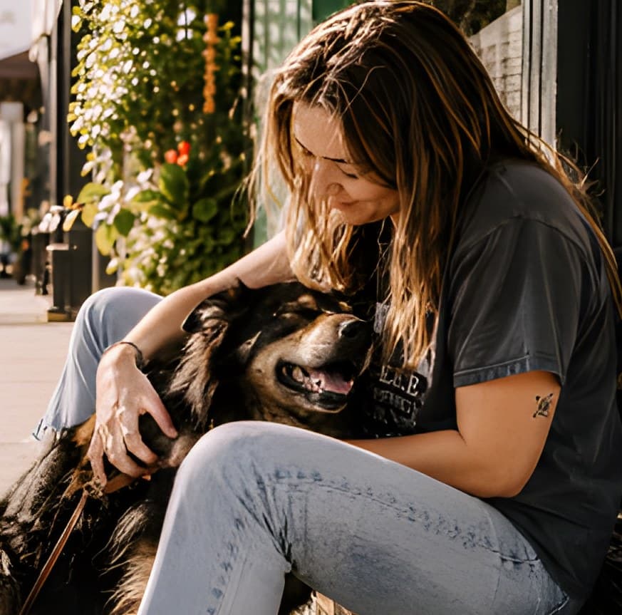 A woman sitting on a sidewalk petting her dog